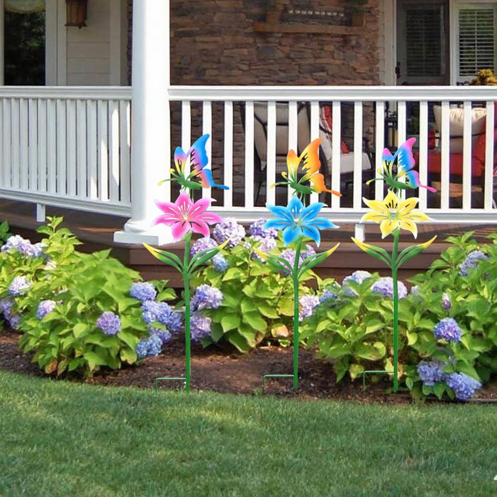 Colorful Metal Garden Stakes 3Pack Butterfly & Flower Outdoor Decor