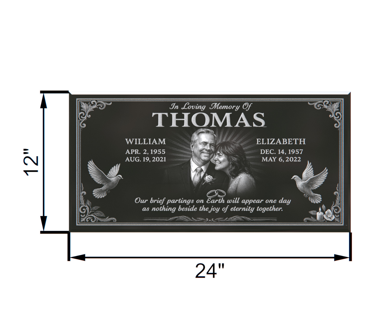 Custom Black Granite Headstone 24×12 – Personalized Portrait & Engraving & Doves