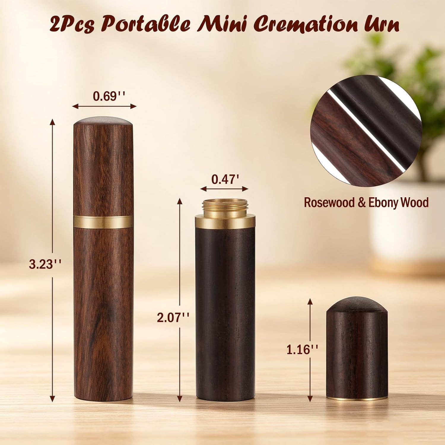2Pcs Mini Urn for Human Ashes Keepsake Memorial Ashes Scattering Ebony Wood Rose