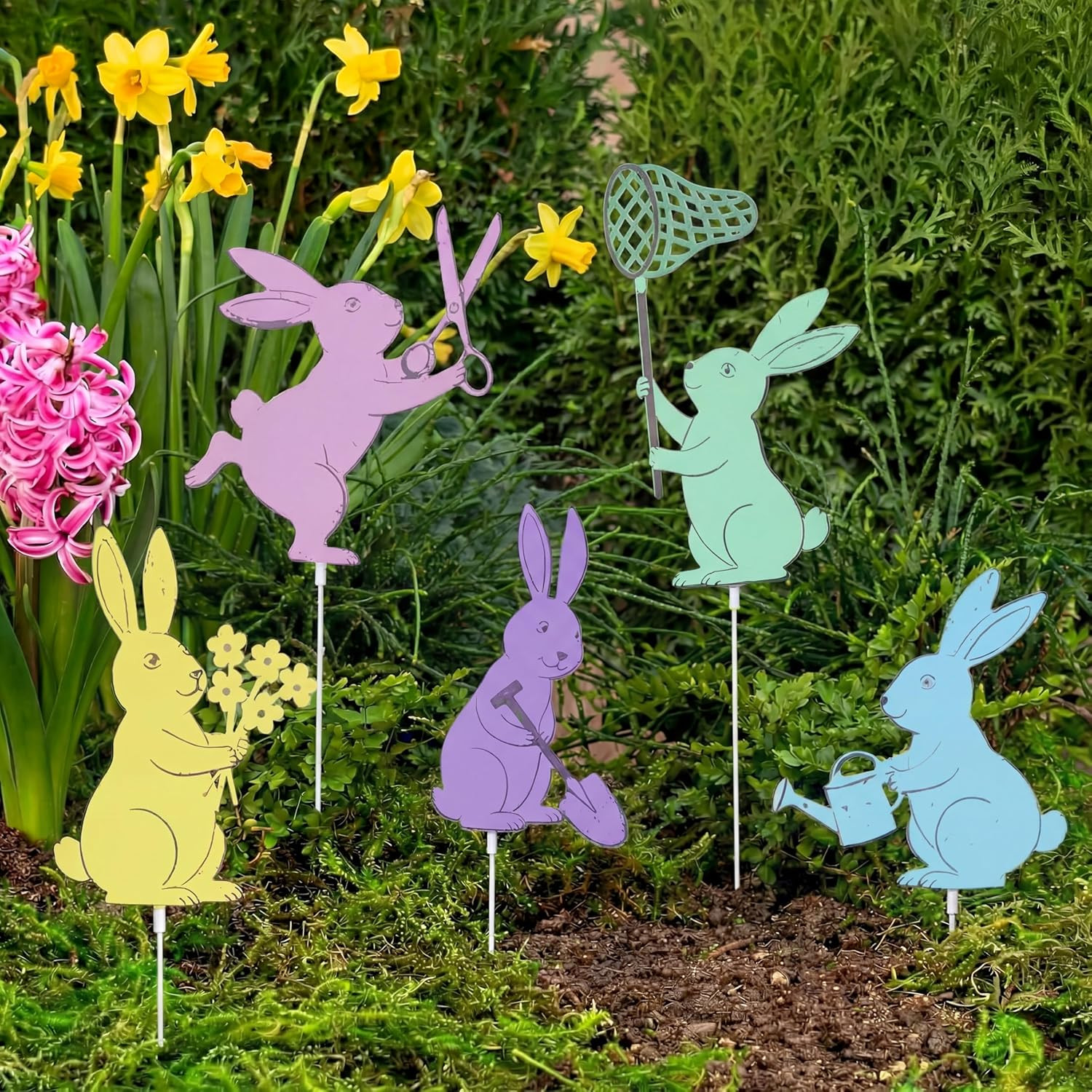 Leinuosen 5Pcs Easter Bunny Garden Stakes 13 Inch Metal Easter Yard Decor Colorf