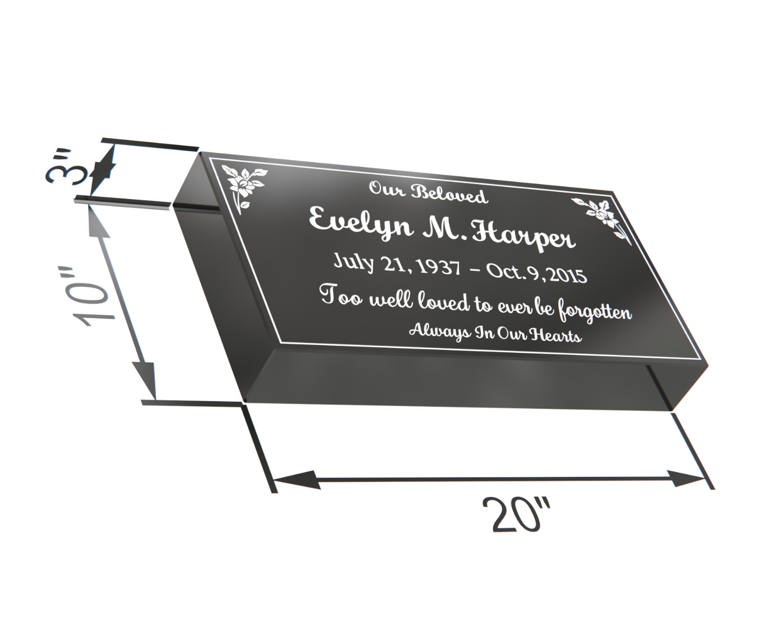 20x10x3 Black Granite Flat Marker – Personalized Engraved Memorial Stone