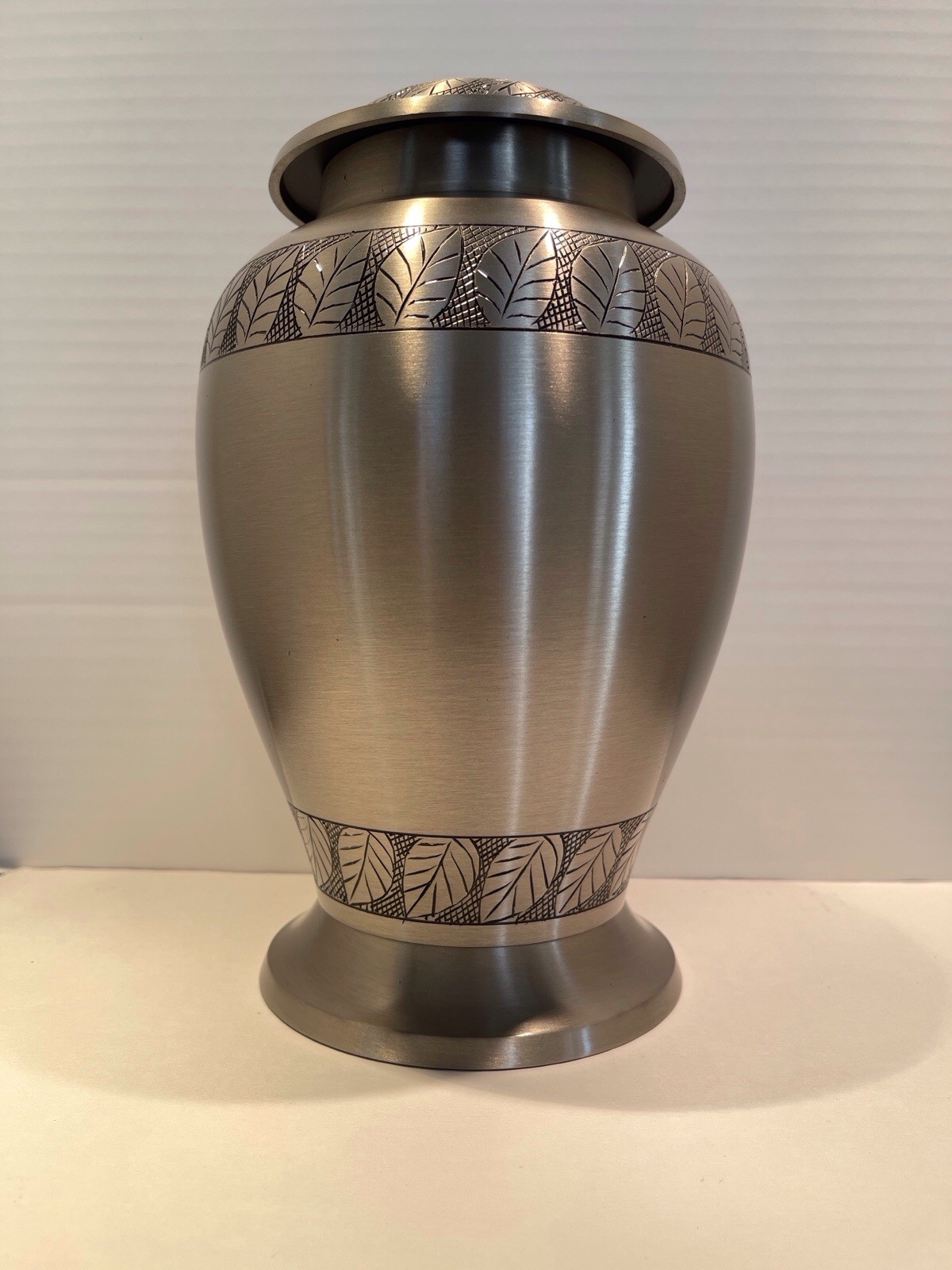 Brass Cremation Urn Pewter Finish Etched Leaf Accents