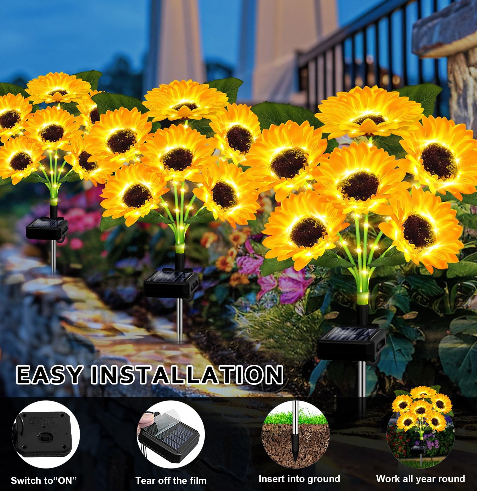 Solar Lights Outdoor Garden Decor,4 Pack with 24 Sunflower Lights,Solar Flowe…