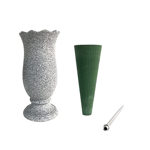 Cemetery Grave Vase Decoration – Marble Color, Ground Spikes & Flower Foam Inclu