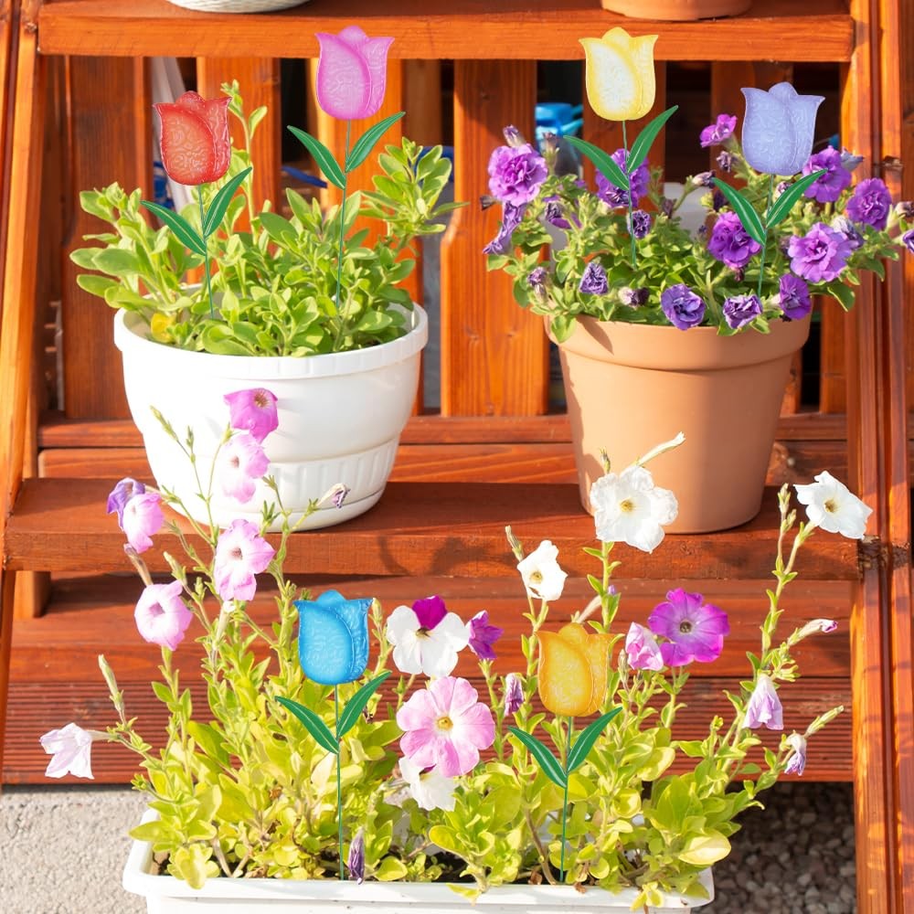 Metal Tulip Flower Stakes Set of 6 Decorative Garden Decor for Outdoors