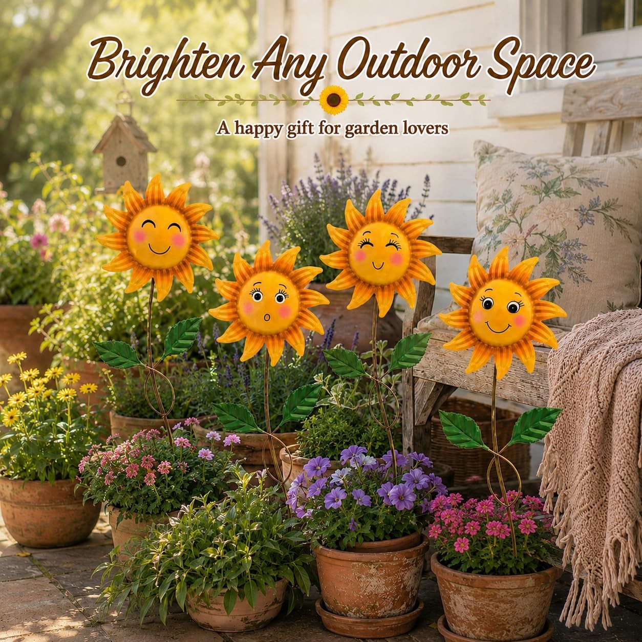 4 Pack Smiley Sunflower Decorative Garden Stakes, 20.5 Inch Metal Flower Gard…