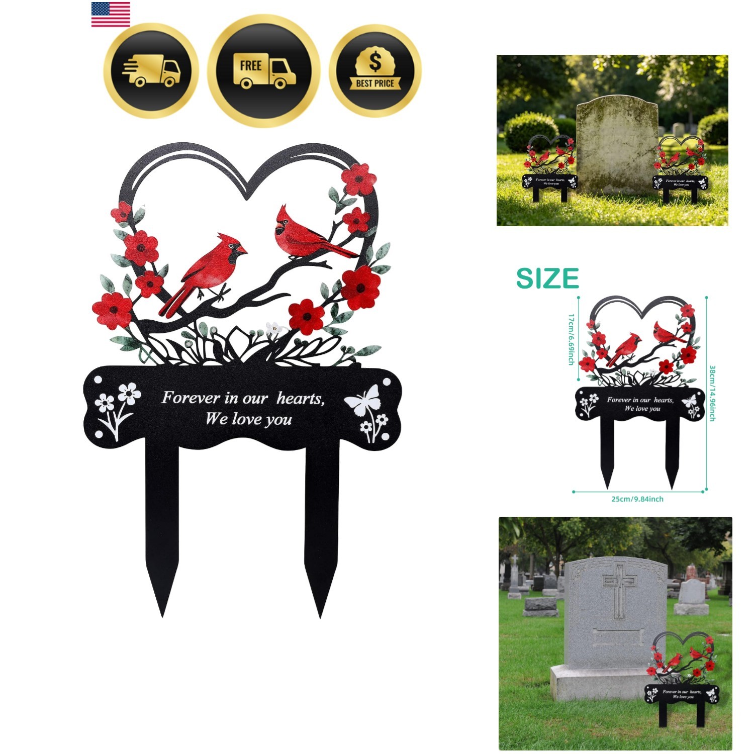 Cemetery Decorations for Grave Memorial Plaque Stake Grave Marker Cardinals G…