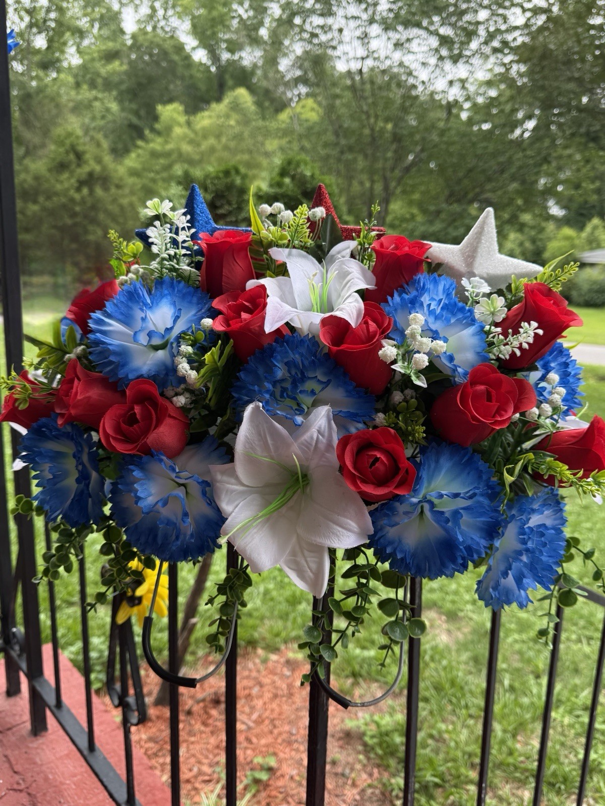 Cemetery Memorial Headstone Saddle Silk Flower Arrangement Red, White & Blue