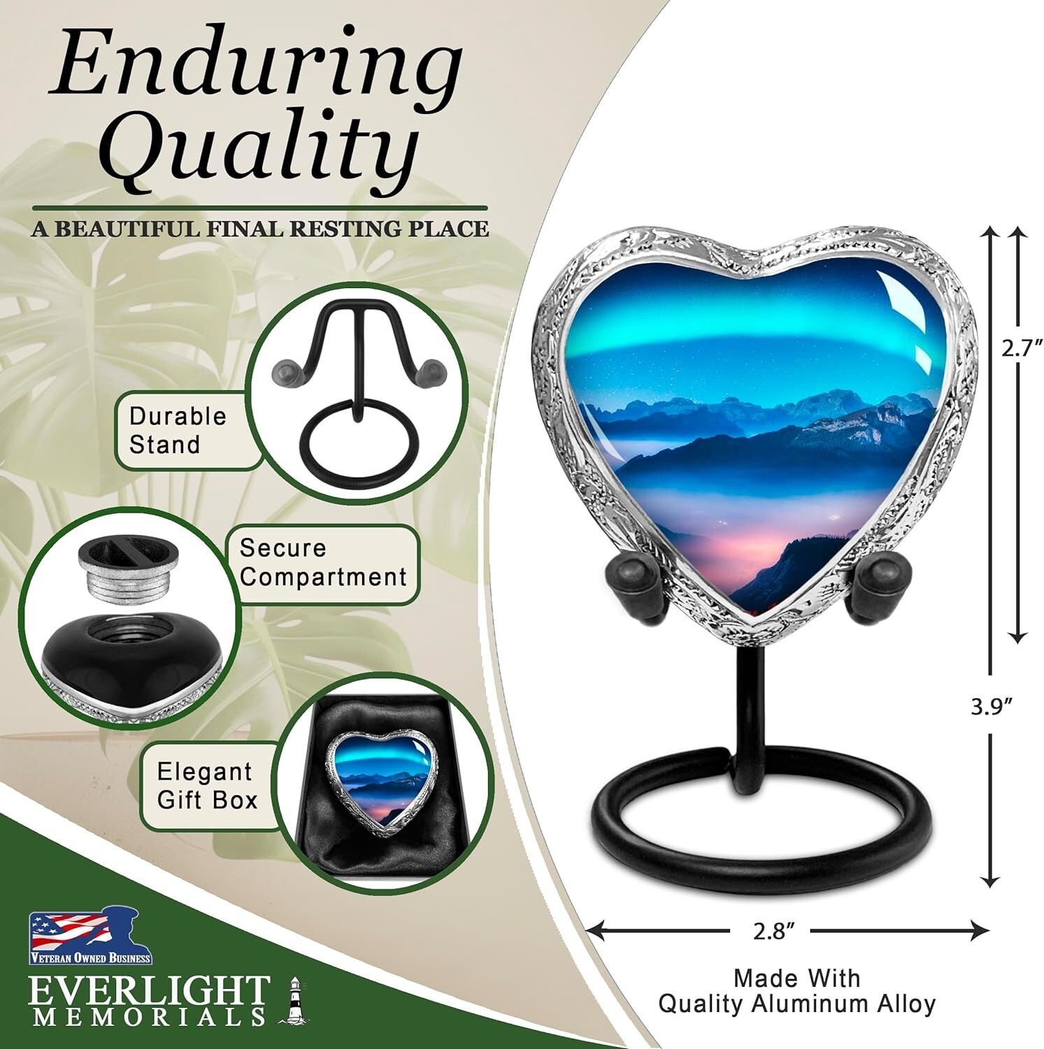 Aurora Borealis Small Heart Shaped Keepsake Cremation Urns for Human Ashes