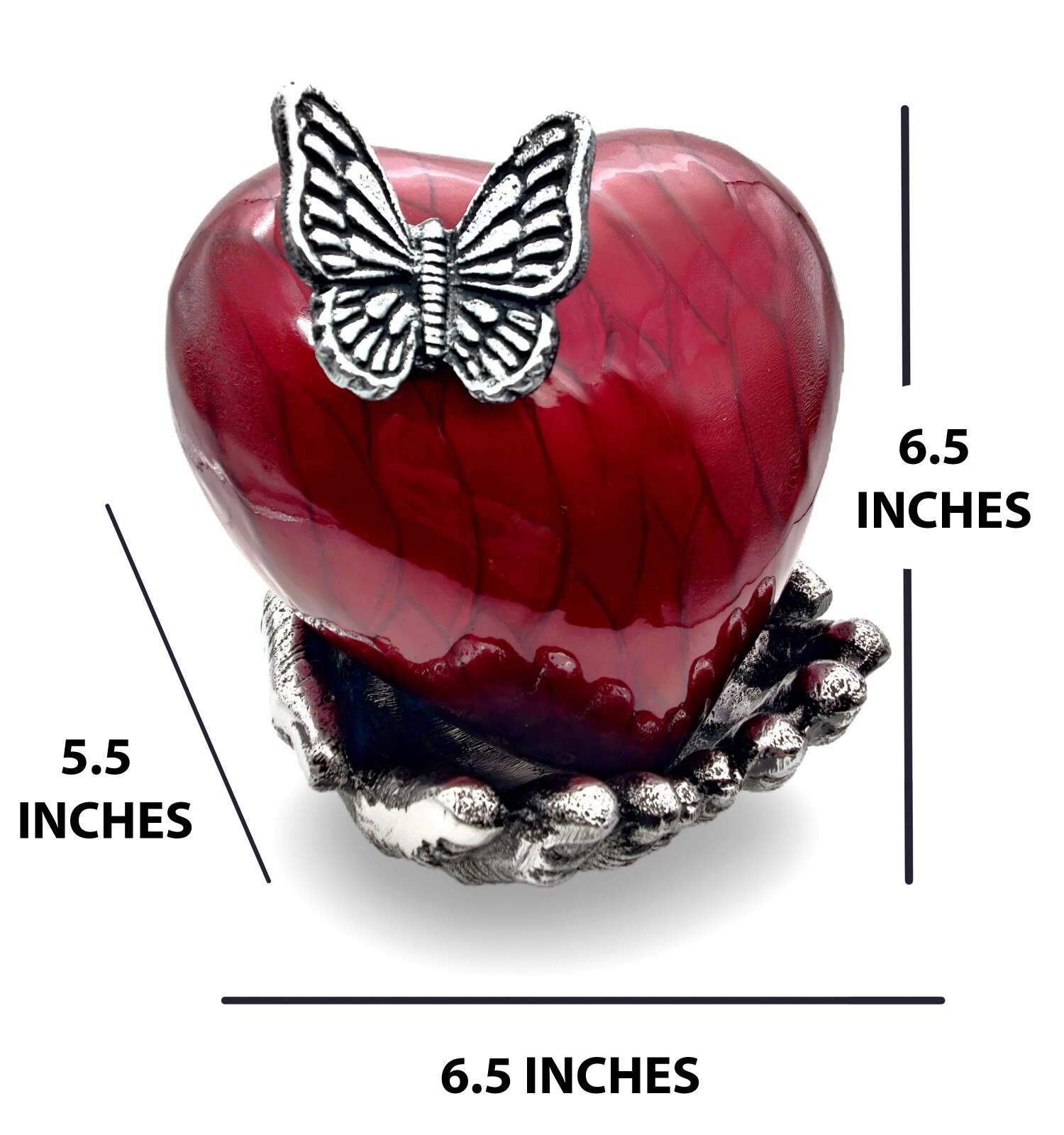 RED Butterfly Heart Cremation Urn for Ashes with Hand Shape Stand Memorial
