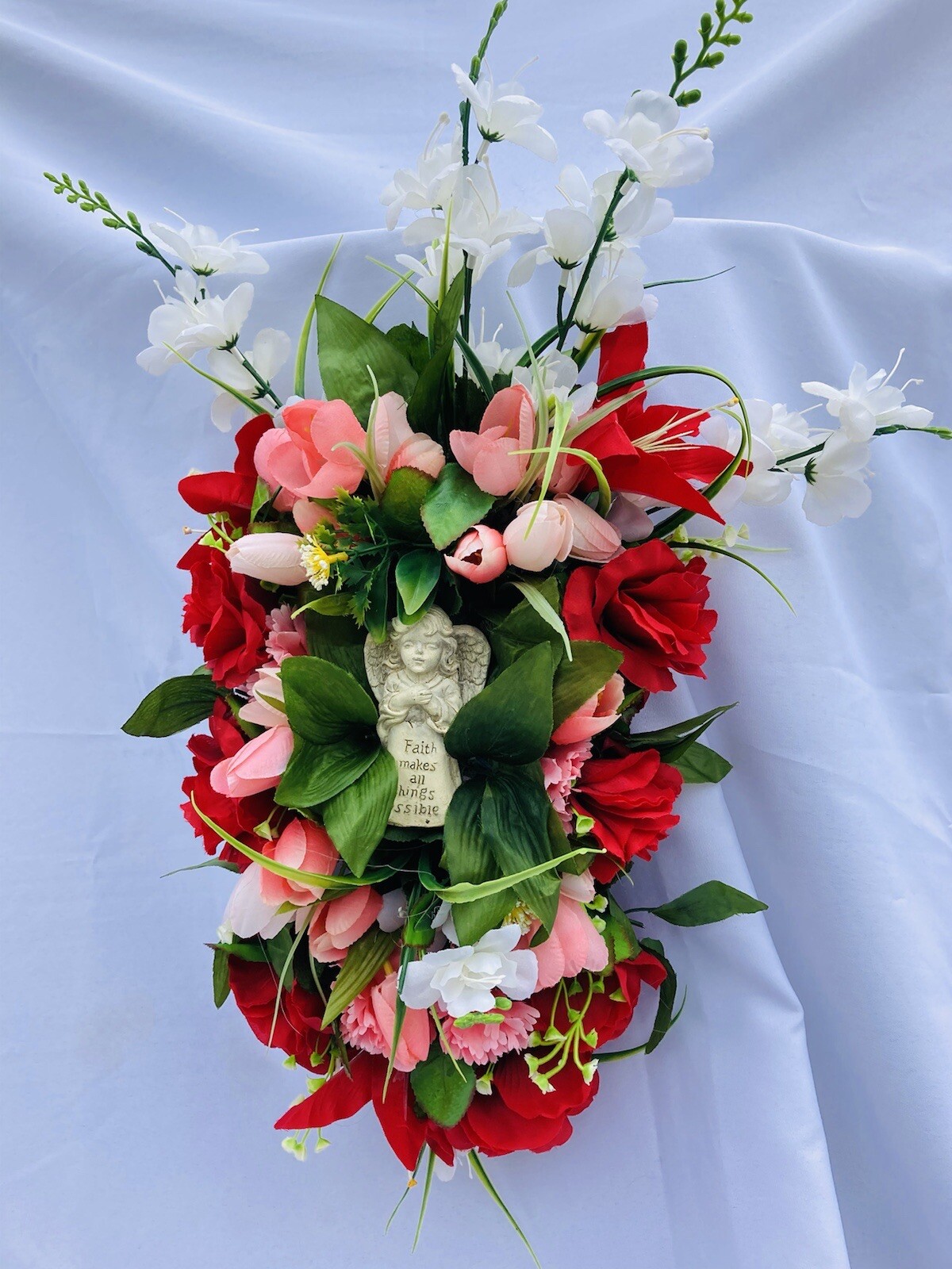 Pink & Red Summer Silk Flowers W/Angel For Cemetery Bevel/grave Marker, Memorial
