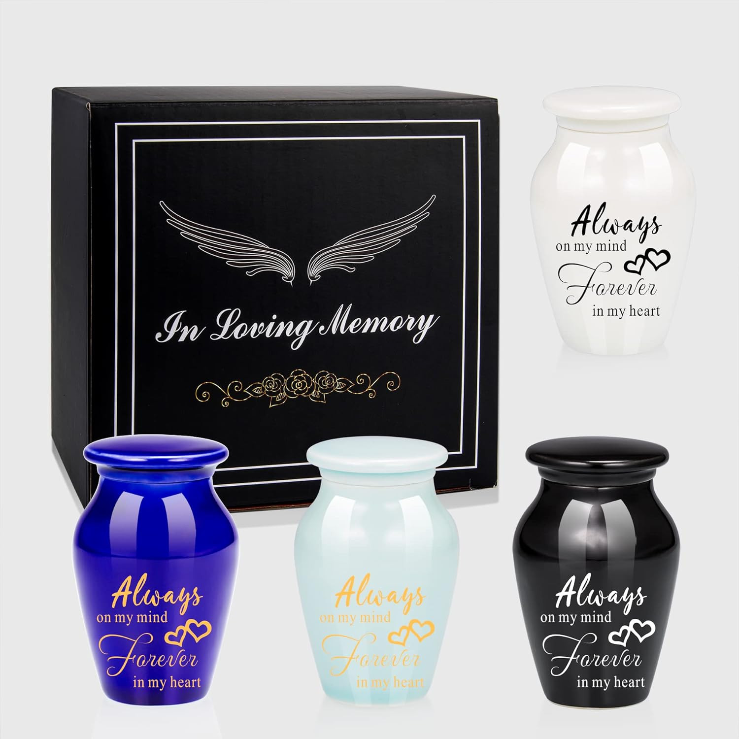 4Pcs Small Ceramic Black Letter Print Cremation Urns – Always on My Mind Forever