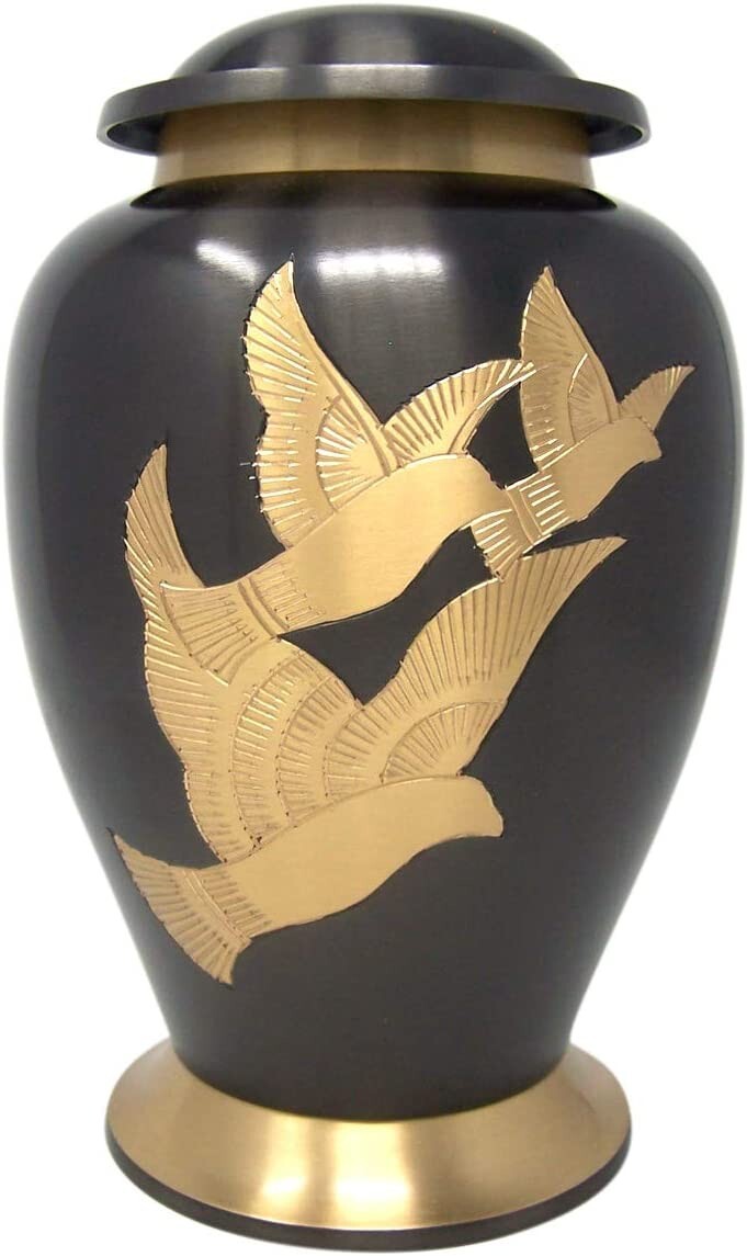 Charcoal Grey Gold Toned Dove Cremation Urn With Screw on Lid For Ashes 10 Inch