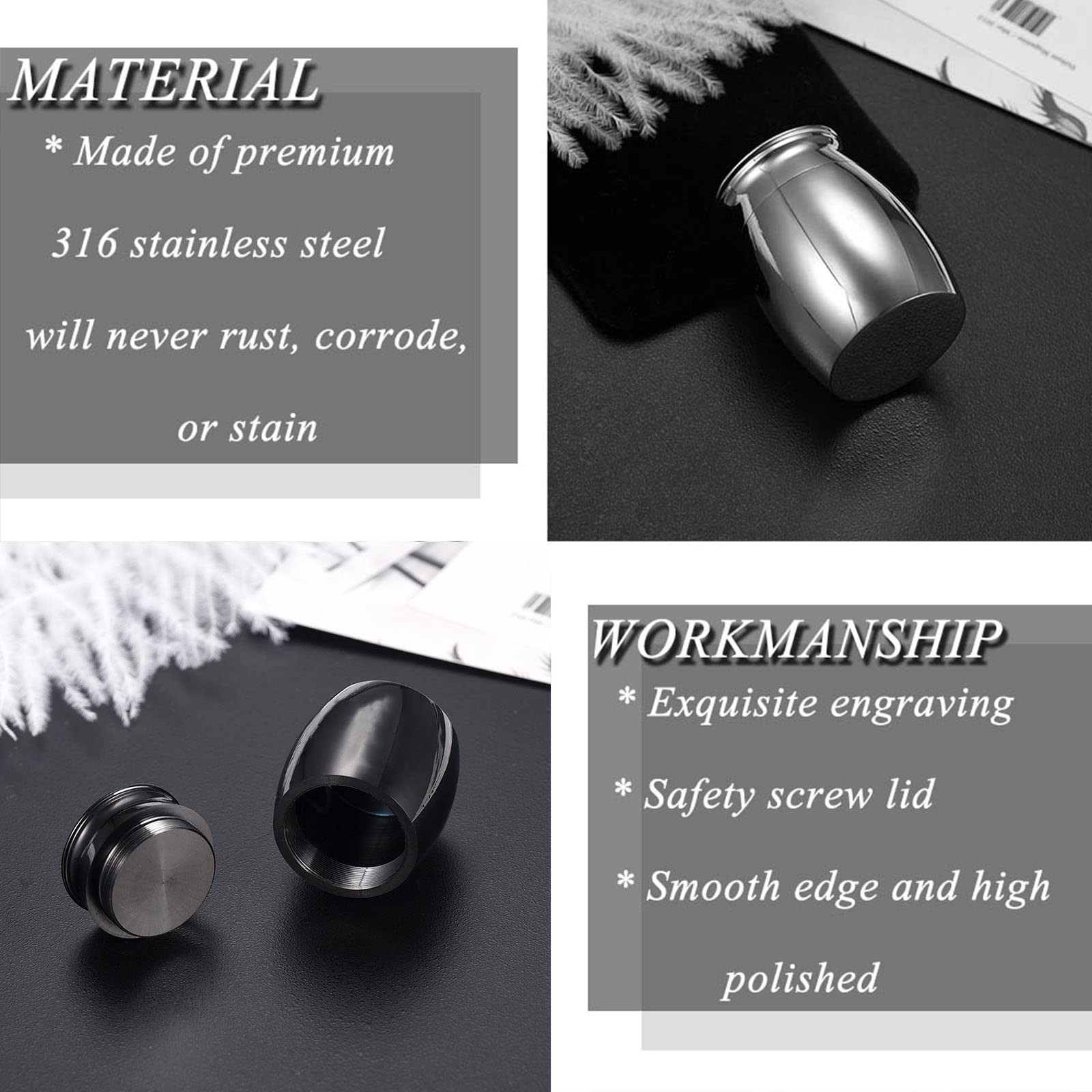 Small Cremation Keepsake Urns 1.57×1.18in, Black/Silver/Sky Blue/Rose Gold