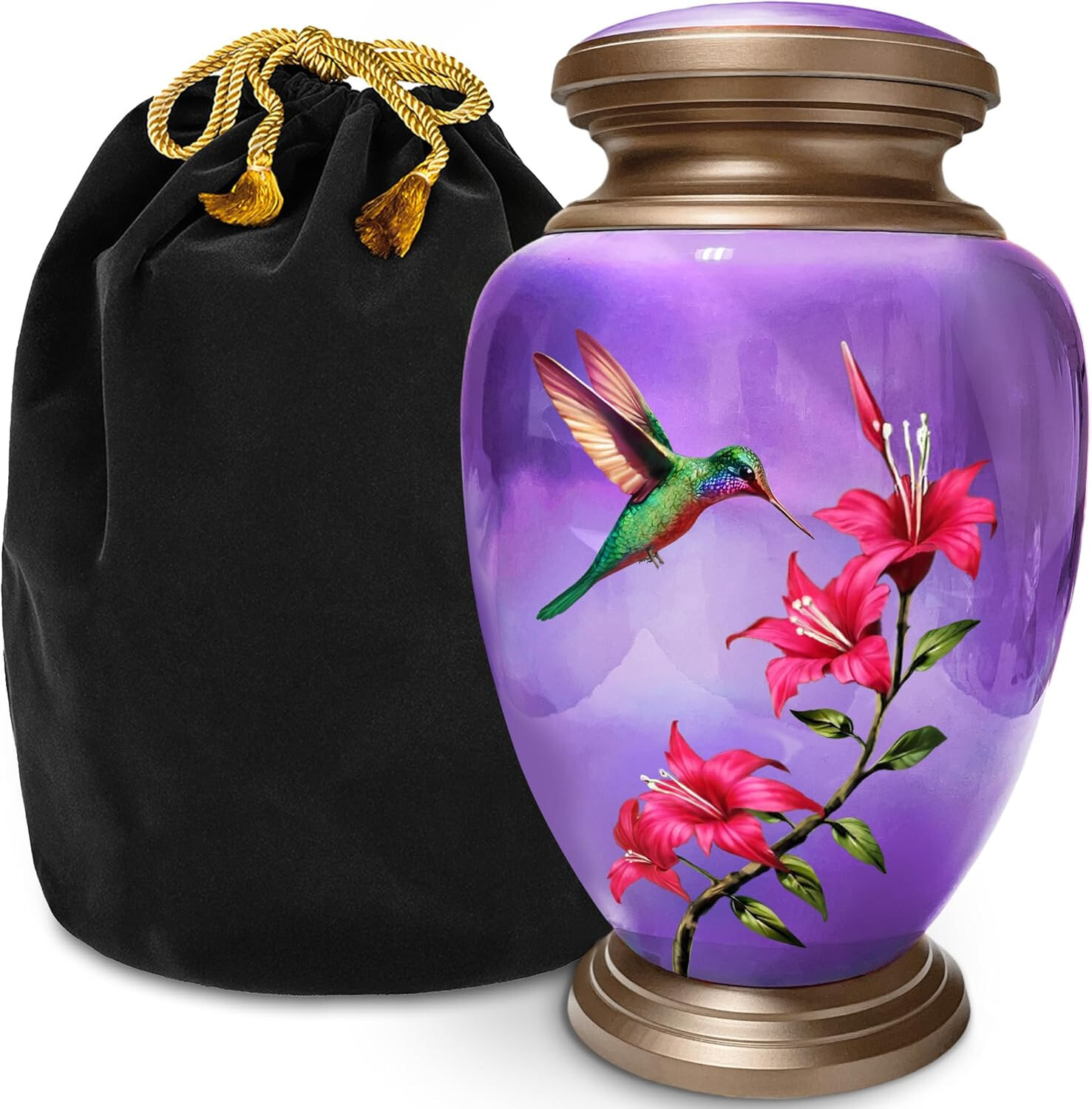 Handcrafted Urn for Ashes Men & Women, 11.25″x7″, Purple with Green Hummingbird