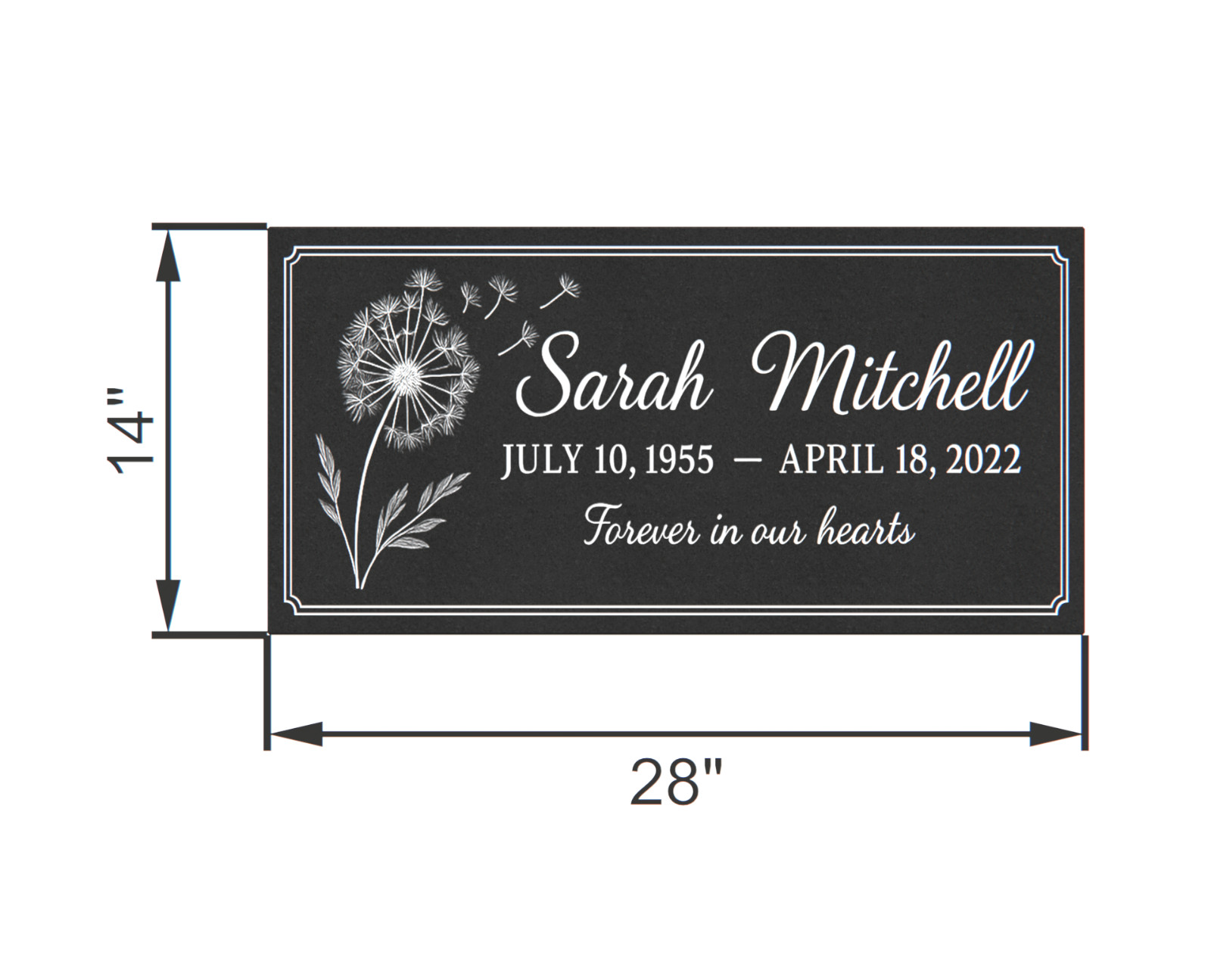 Custom Black Granite Stone 28x14x3 – “Forever in Our Hearts” Dandelion
