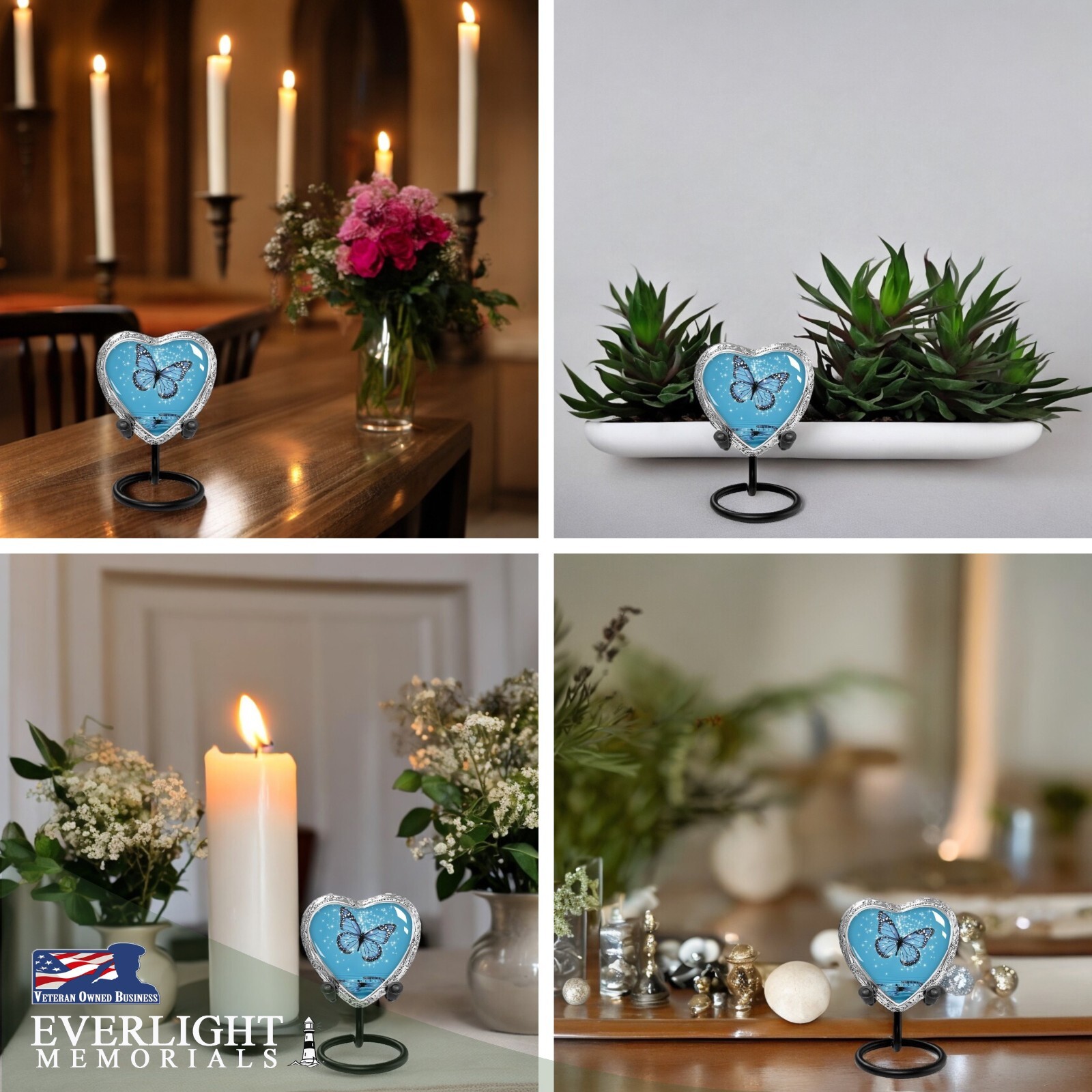 Light Blue Butterfly Small Heart Shaped Keepsake Cremation Urns for Human Ashes