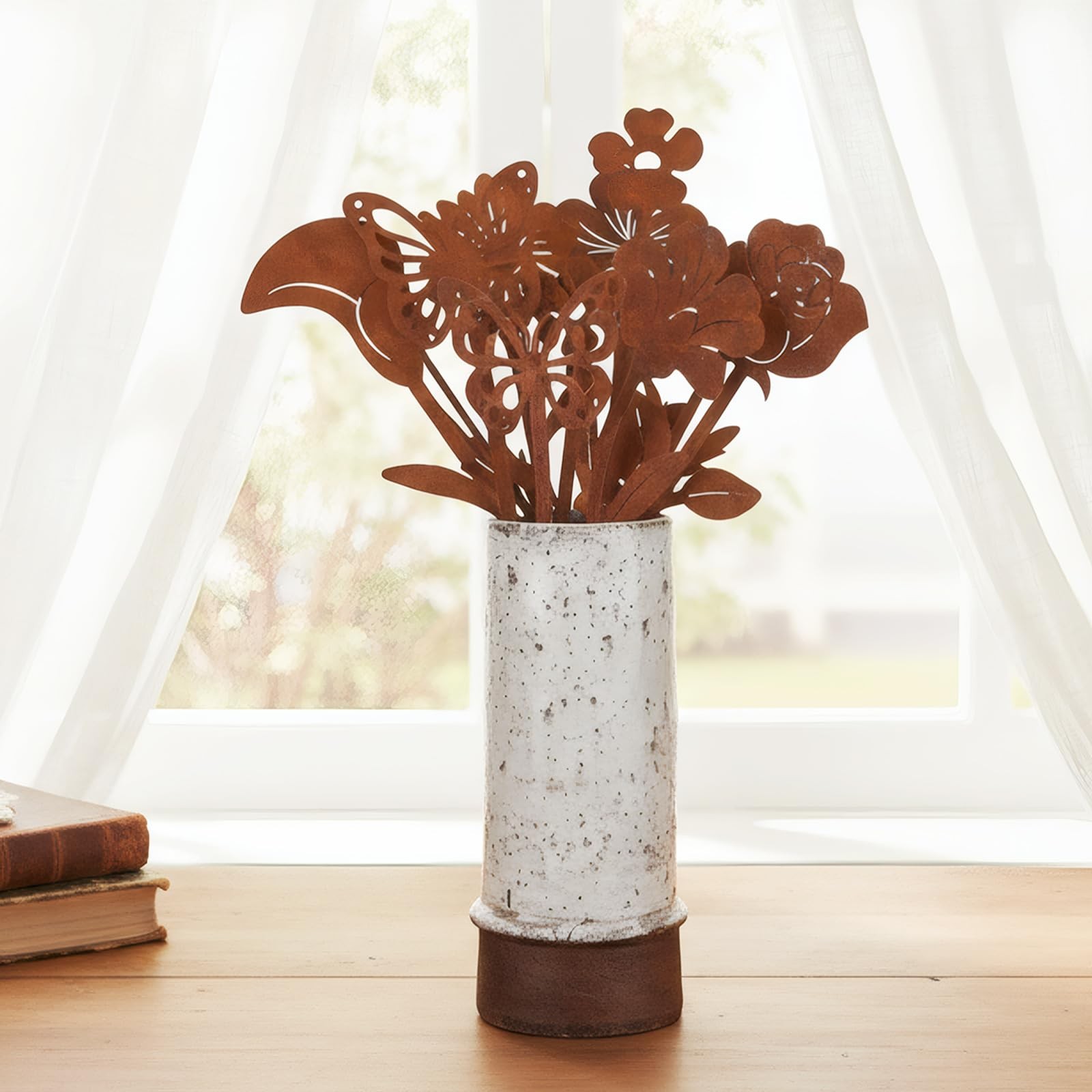10 PCS Rusty Metal Flowers Plants Rustic Signs Outside Yard Art Garden Stakes