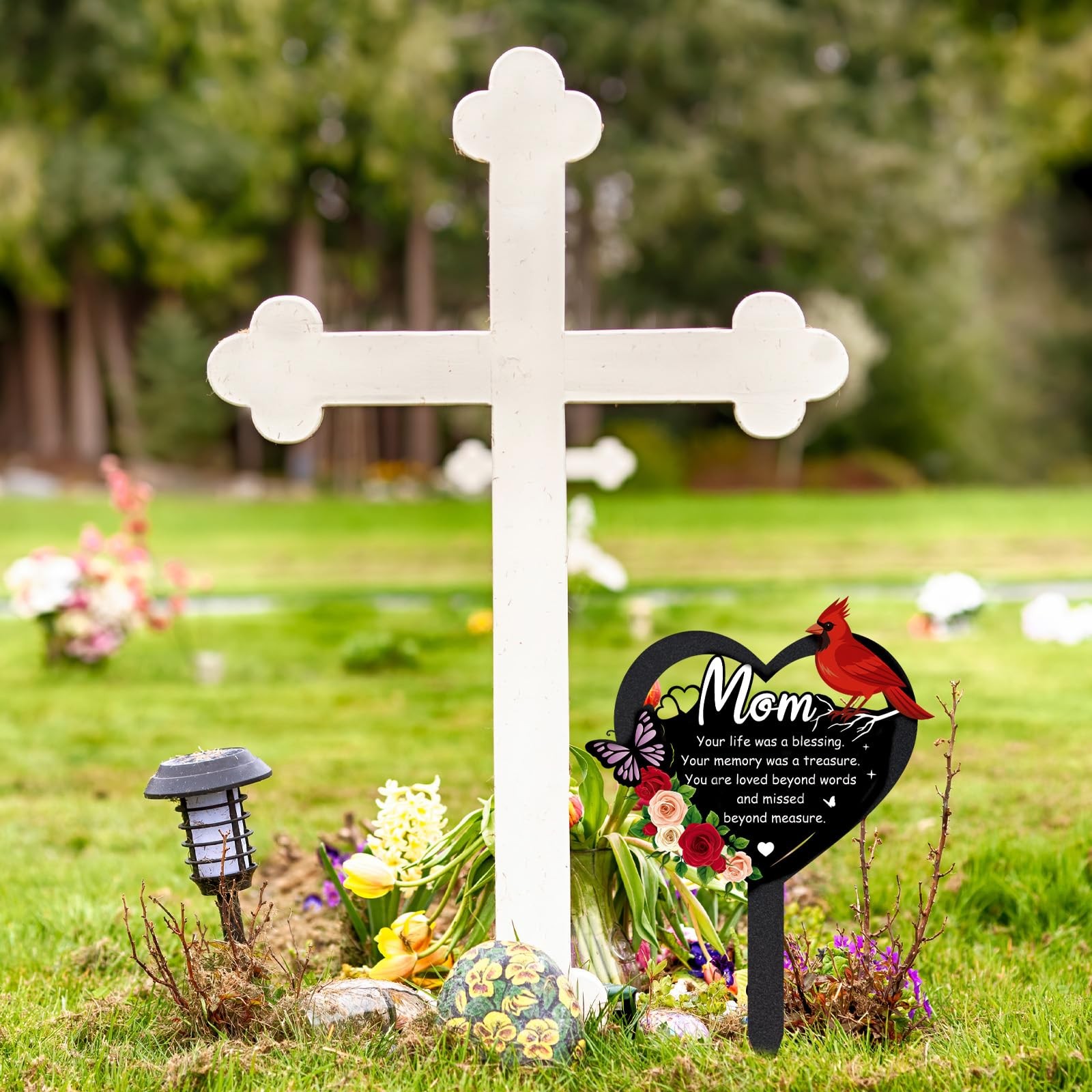 Grave Decorations for Cemetery – Memorial Metal Heart Cardinal Stakes Outdoor