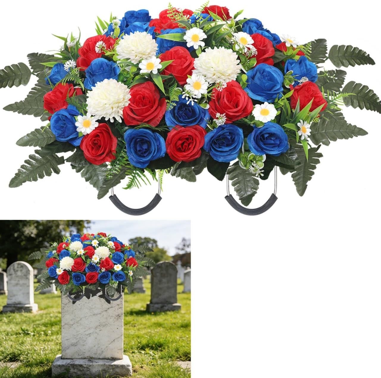 Headstone Flower Saddle,Large Artificial Cemetery Flowers for Grave Roses & C…