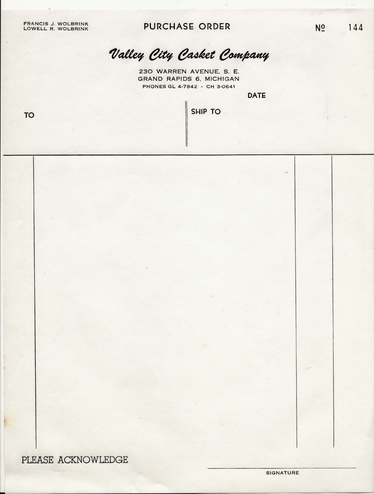 Valley City Casket Company letterhead, Grand Rapids, Michigan; history