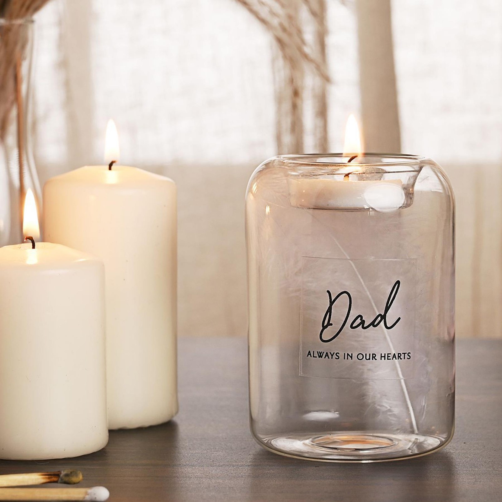 Memorial Tea Light Candle Holder Feather inside Glass – Dad Always In Our Hearts