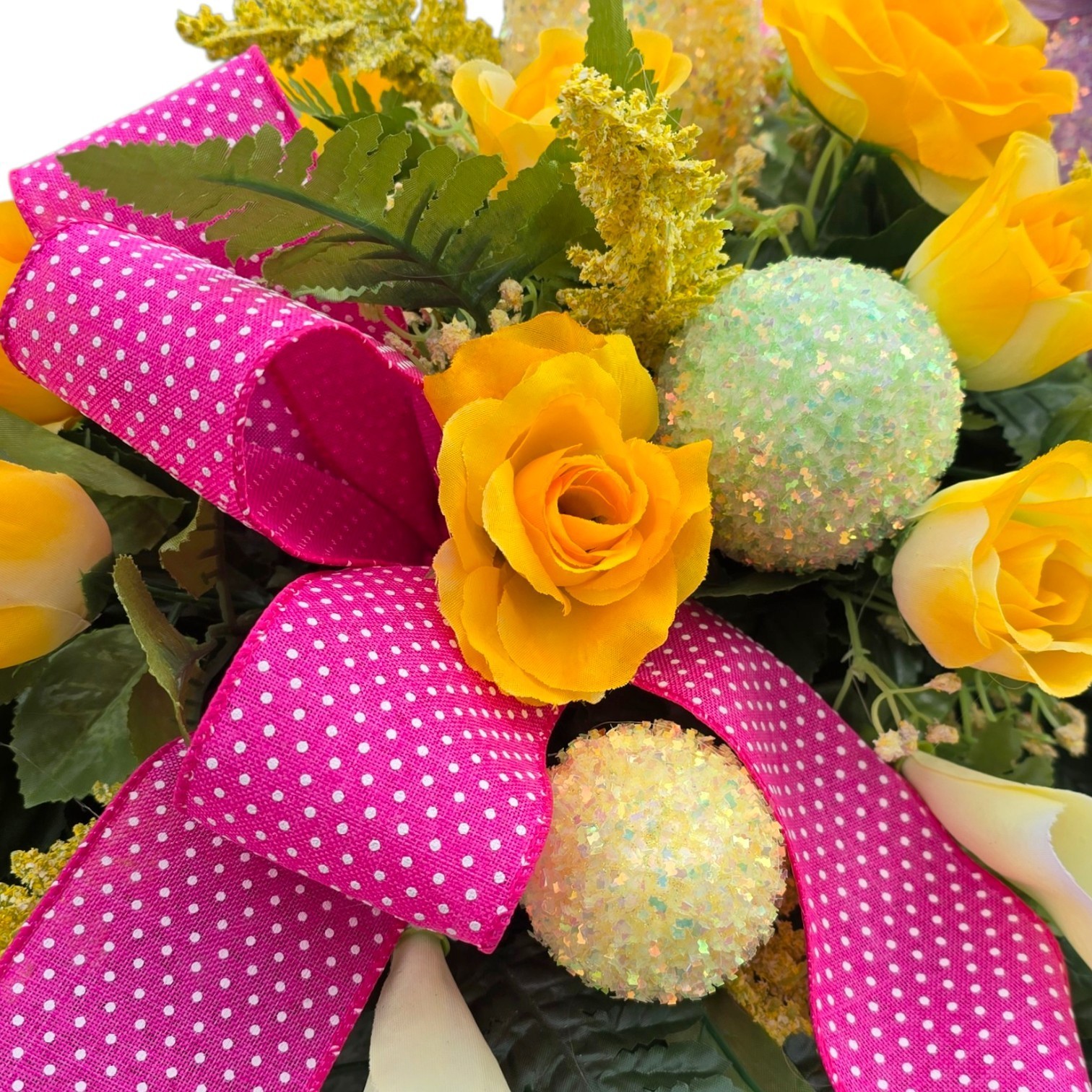 EASTER HEADSTONE SADDLE, YELLOW GRAVE FLOWERS WITH BUNNIES AND EASTER EGGS
