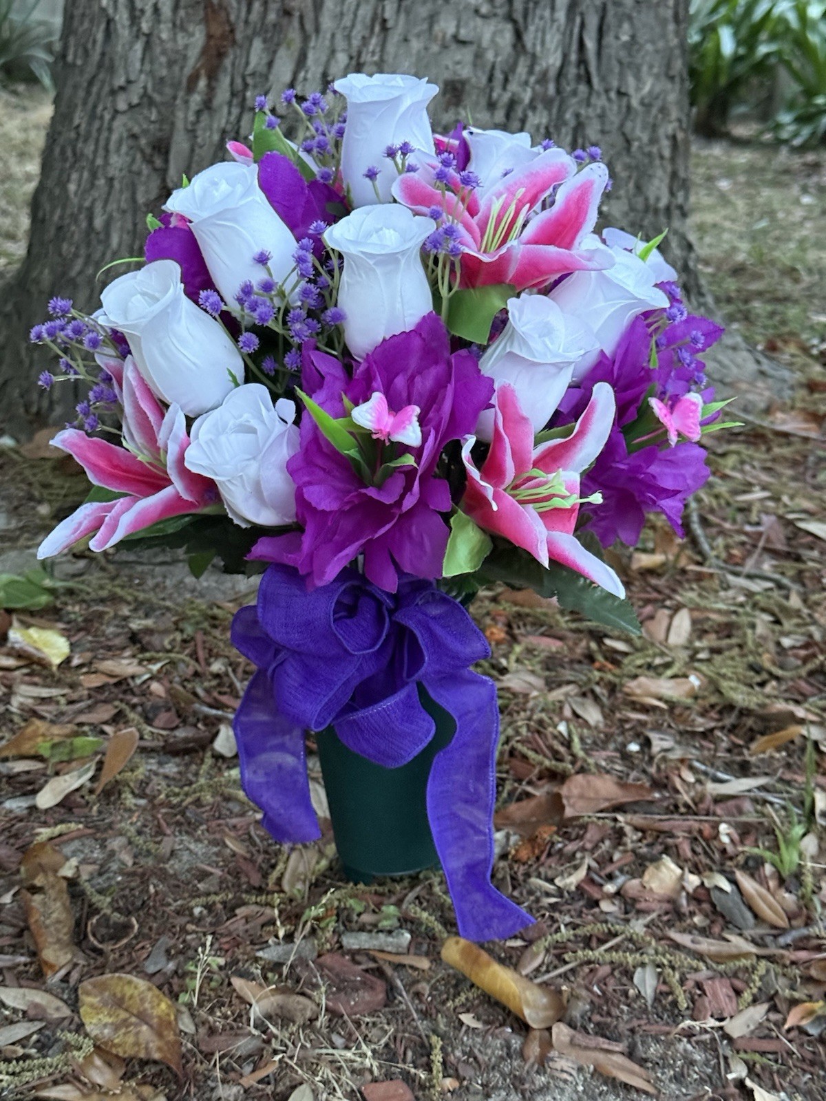 Cemetery Vase Memorial Silk Flower Arrangement White, Purple & Pink