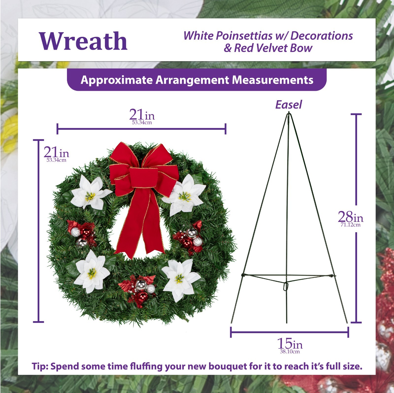Christmas Wreath -Red Decorations White Poinsettia and Red Velvet Bow