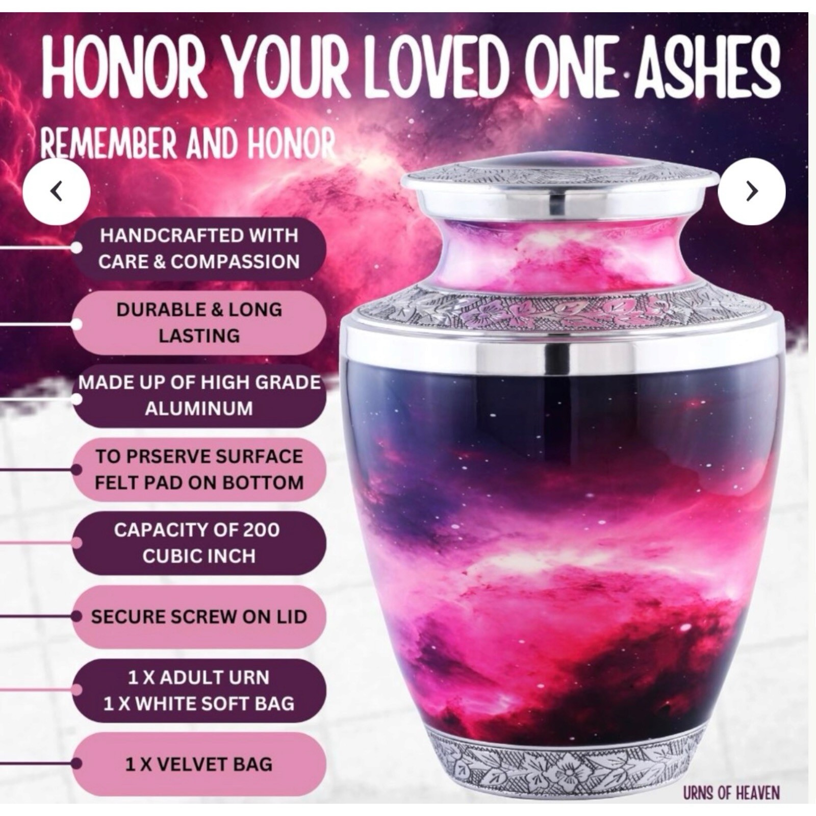 Urns to Heaven Adult Size Urn for Cremation Ashes Pink and Purple Galaxy Cosmos