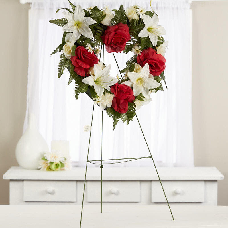 Red and Cream Silk Flower Premade Easel Cemetery Heart Wreath Arrangement