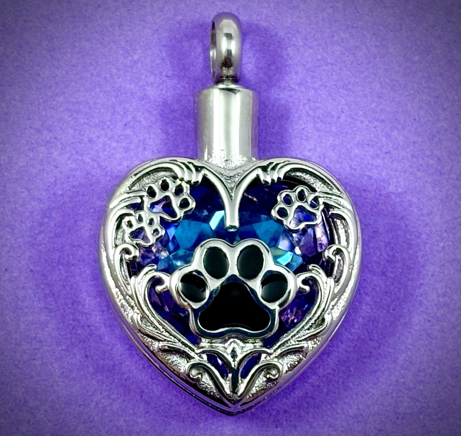 Keyring Urn .5″ Key Chain Pawprints Pet Cremation Pendant Ashes Dog Cat Purple