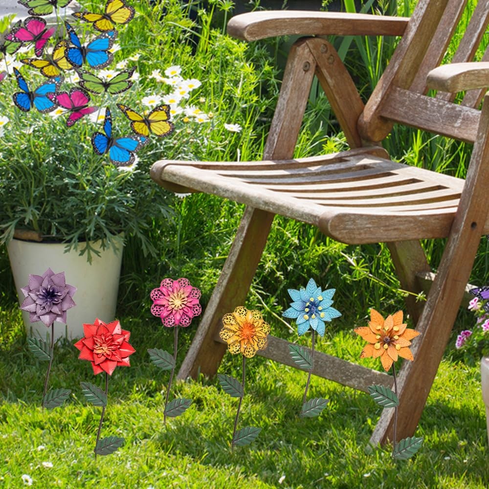 Garden Decor for Outside, 6 Pack Flower Garden Stakes Outdoor Decor Metal Sha…