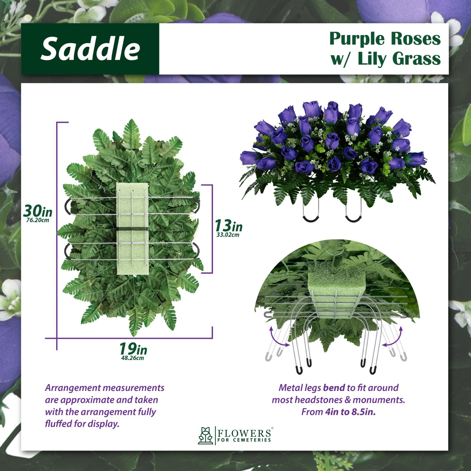 Artificial Cemetery Flowers – Purple Rose Saddle & 2 Matching Bouquets