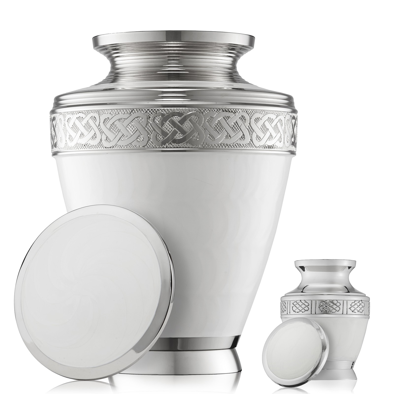 Set of 5 White Celtic Cremation Urns for Human Ashes – 1 Adult + 4 Keepsake Mini