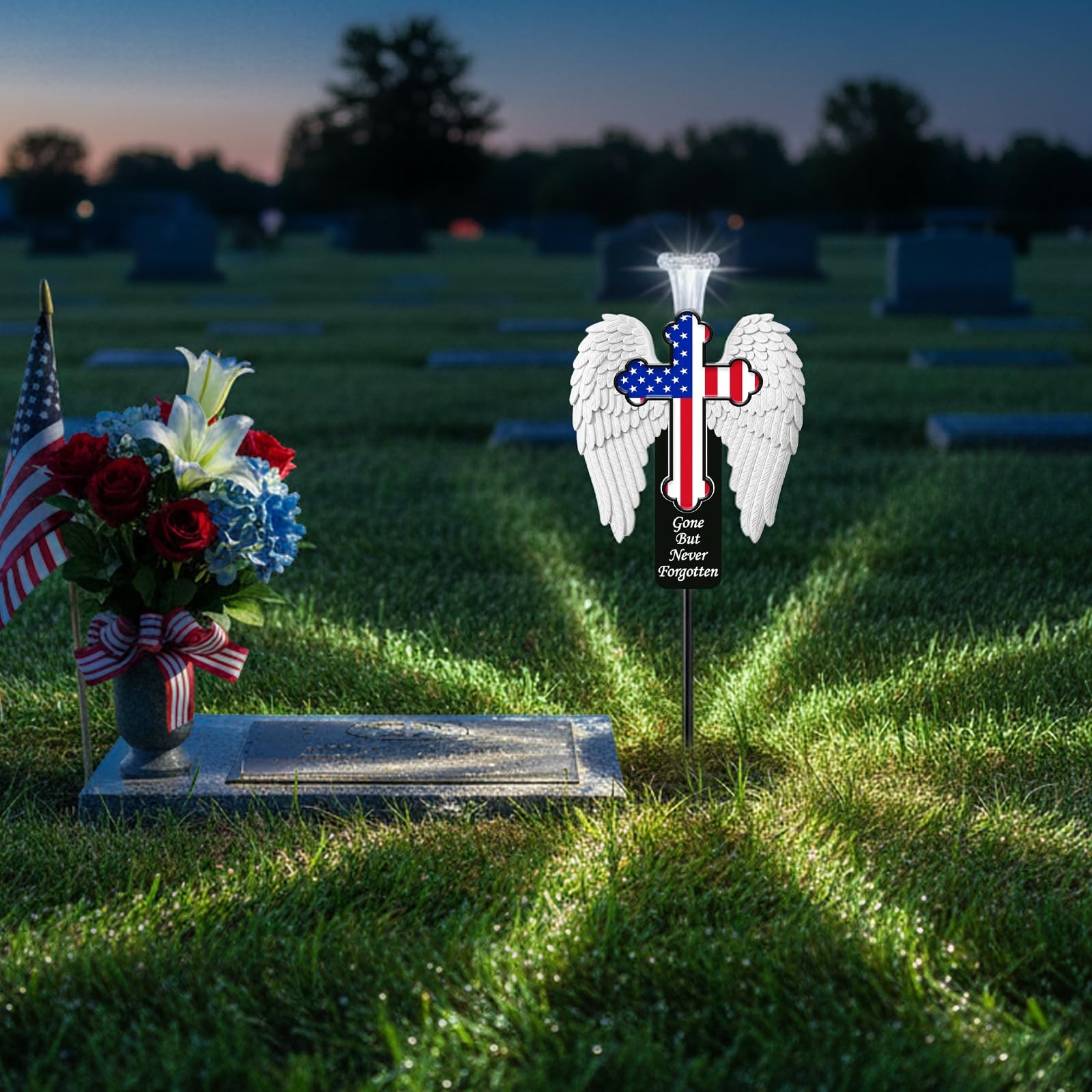 Solar Memorial Cross with Angel Wings LED Grave Marker for Cemetery Decor