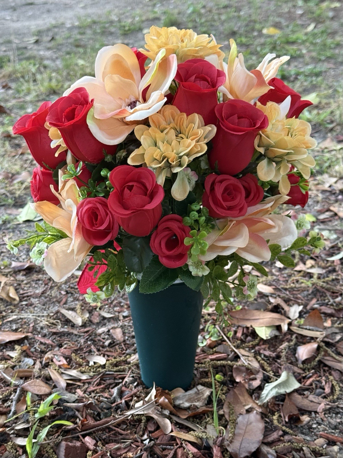 Cemetery Vase Memorial Silk Flower Arrangement Red, Yellow & Cream
