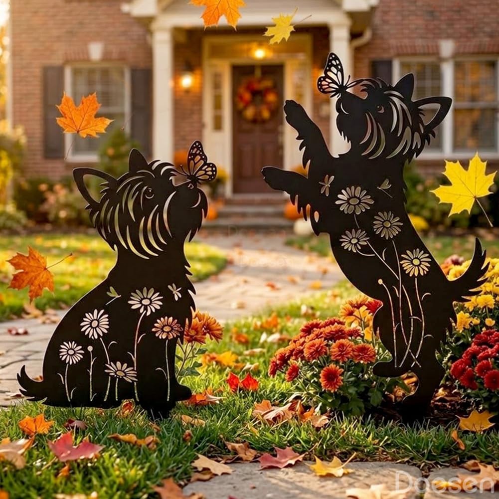 Yorkshire Terrier Garden Decor – Rust Proof Dog Silhouette Stakes for Lawn