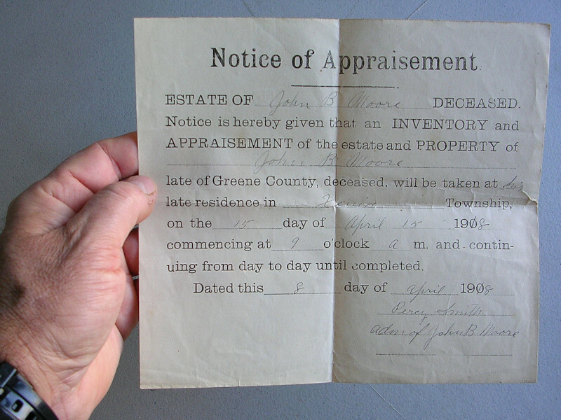 Vintage 1908 NOTICE OF APPRAISEMENT of Deceased from Greene County Xenia Ohio