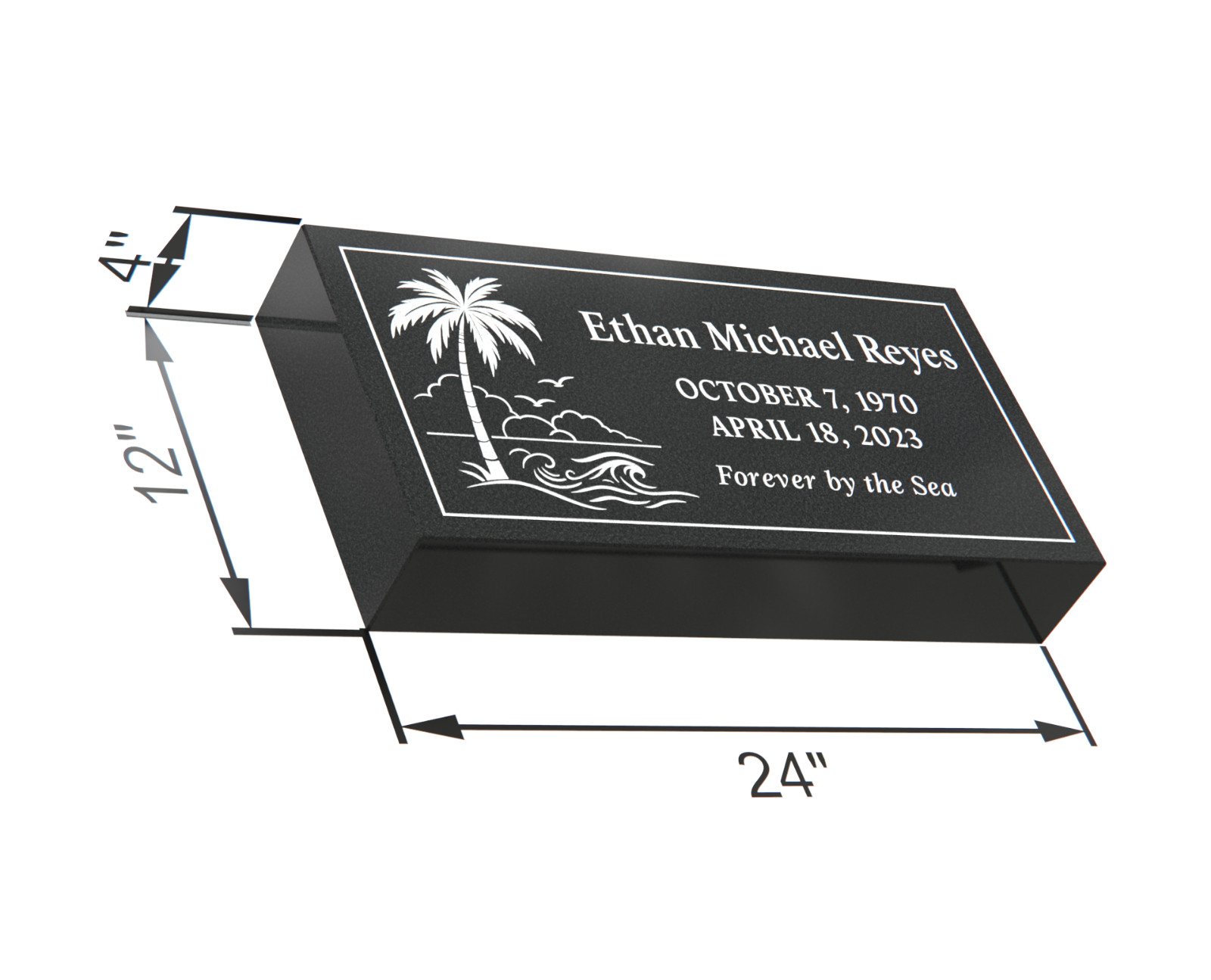 Custom Engraved Black Granite Headstone 24x12x4 – Flat Grave Marker with Palm