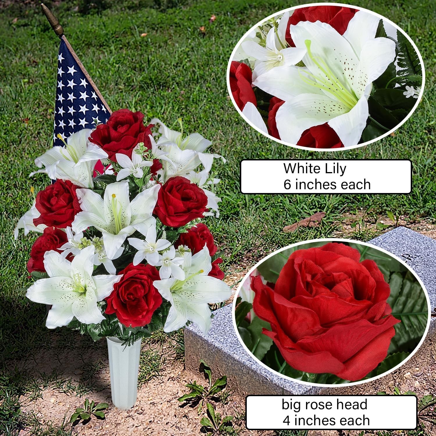 Grave Decor Flowers with Vase – White Lily Red Rose