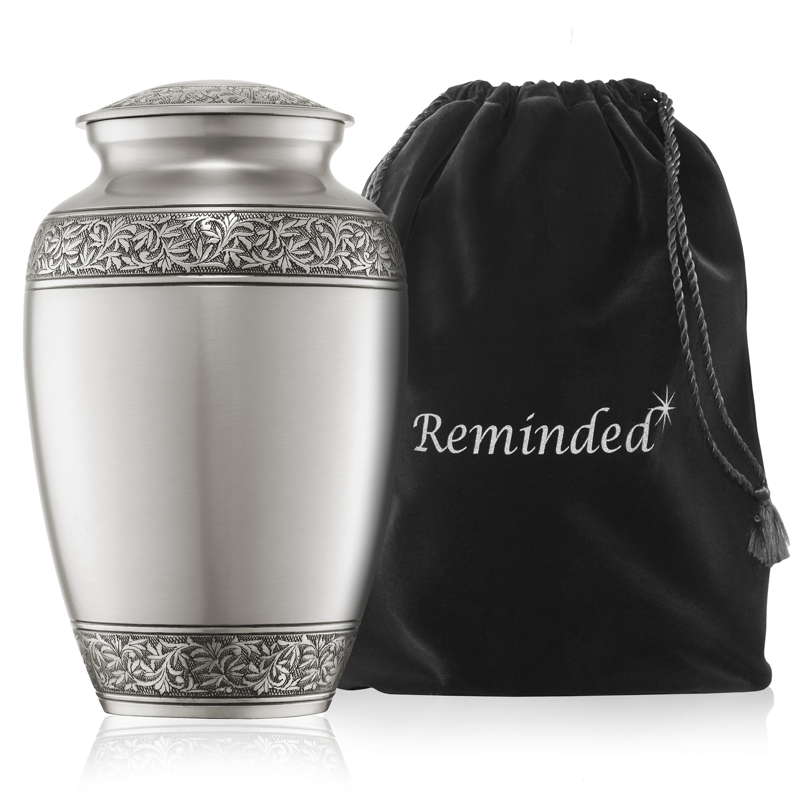 Adult Cremation Urn for Human Ashes – Silver with Velvet Bag