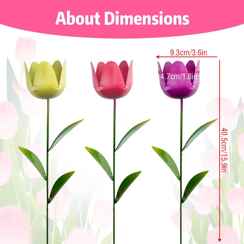 Metal Flowers for Outside,3 Pack 16” Decorative Garden Stakes Colorful Tulip…