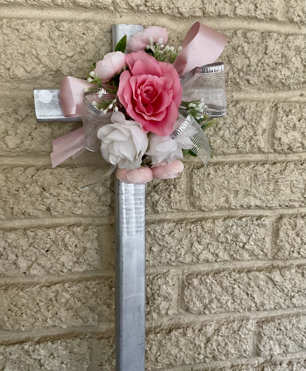 Cemetery flowers, cemetery decoration, memorial flowers for a female, cross memo