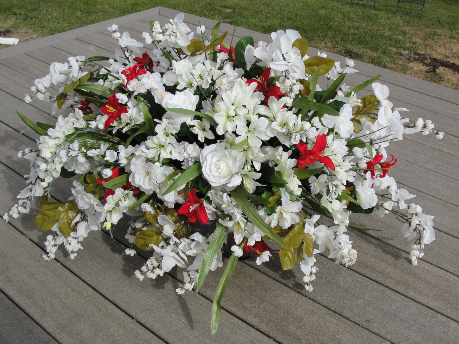XL White Headstone Cemetery Saddle w/ touch of Red and Two Side Urn Arrangements
