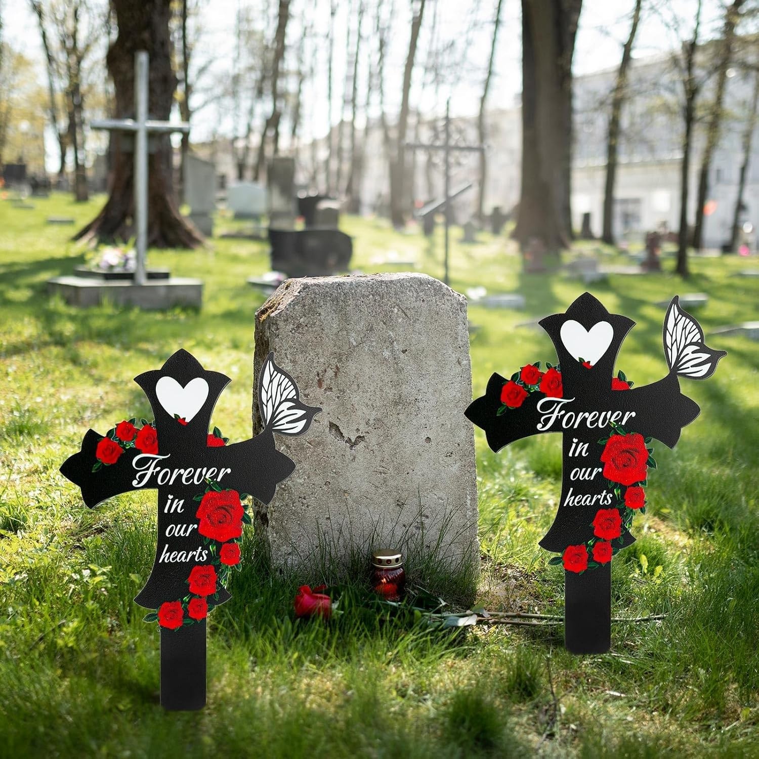 Elegant Family of Three Memorial Cross – Durable Grave Decorations in Black