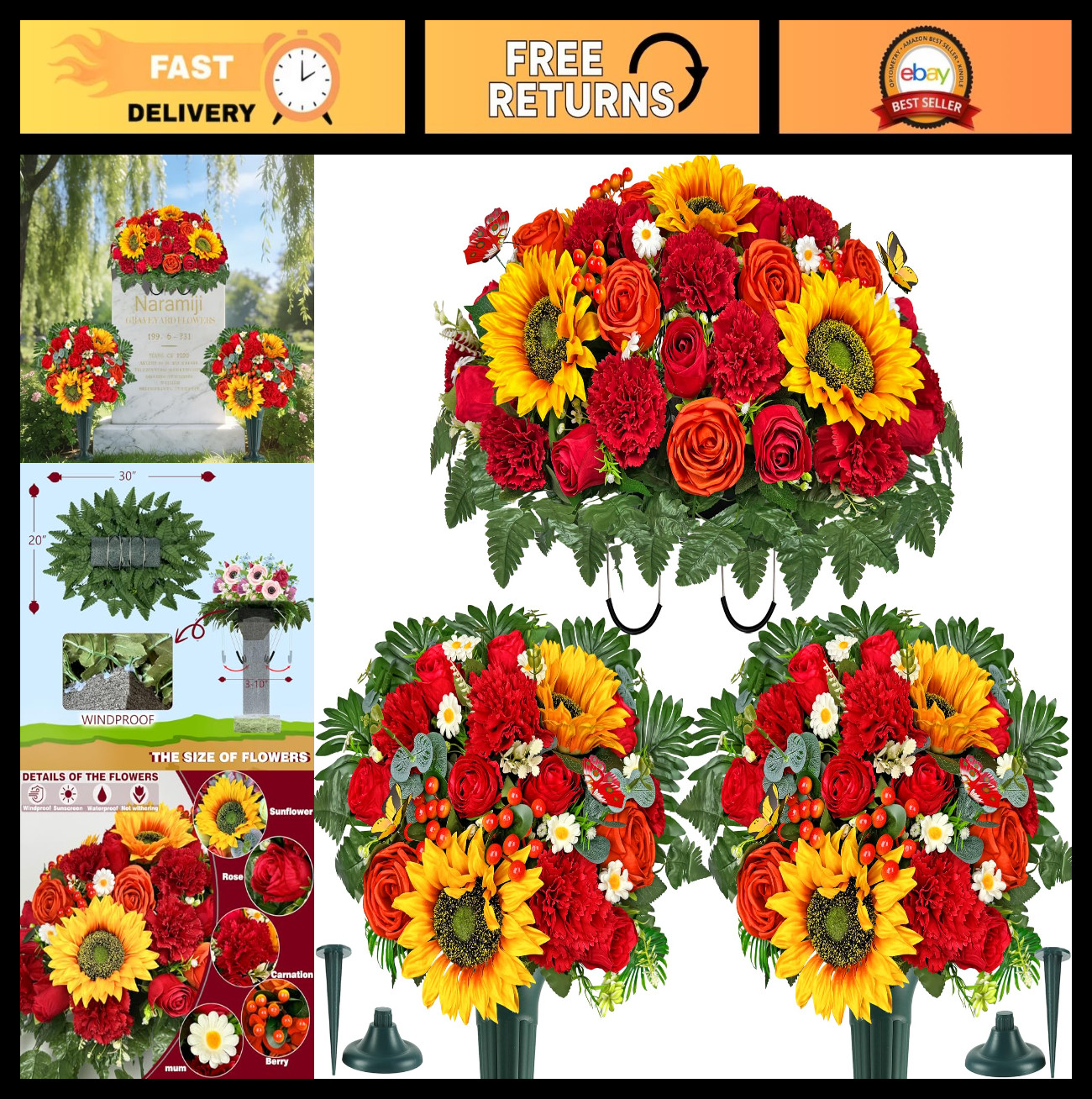 Cemetery Flowers with Grave Vase & Headstone Saddle – Red Sunflower, Rose, Daisy