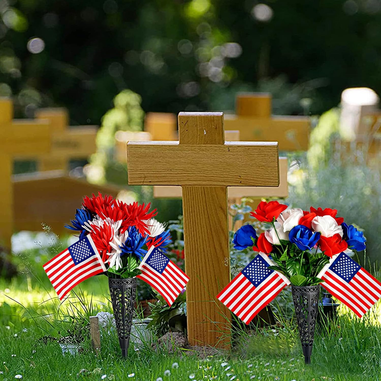 6PCS Memorial Day Grave Decorations, 4 Bunches Red White Blue Cemetery Artificia
