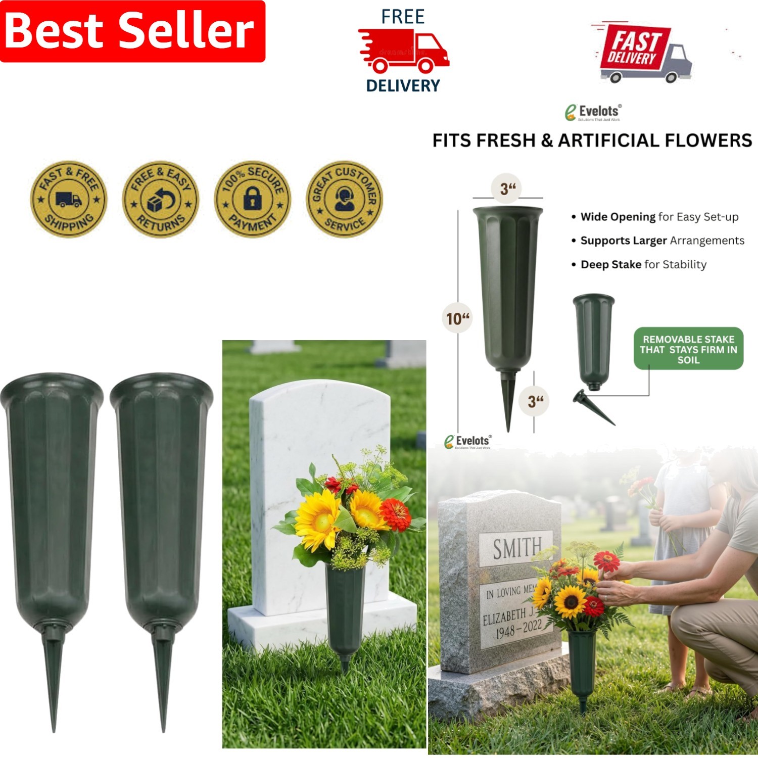 Set of 2 Weather-Resistant Cemetery Flower Vases with Sturdy Stakes – Dark Green