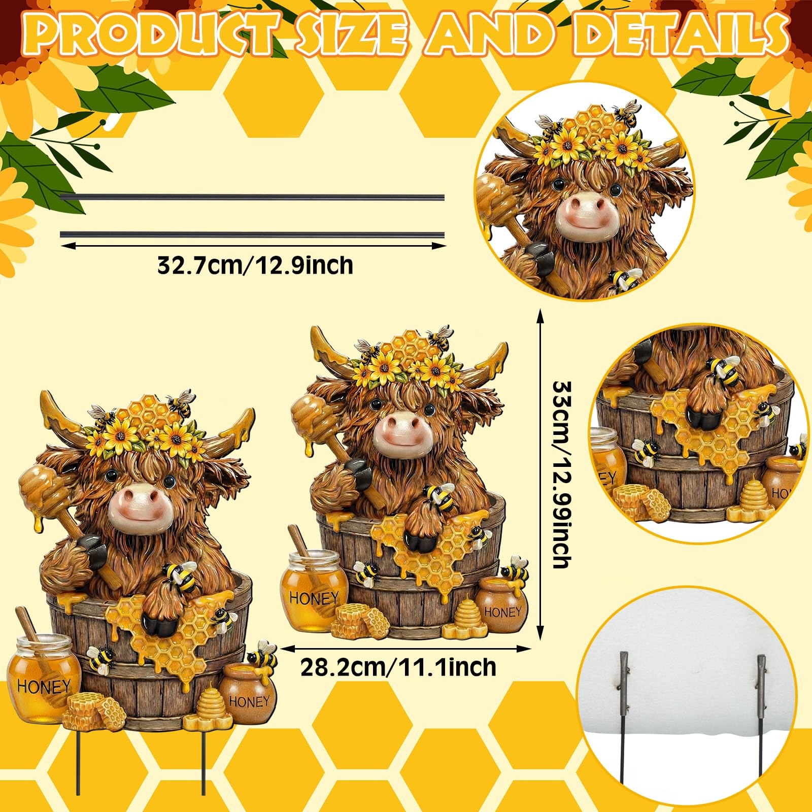 Bee Highland Cow Outdoor Decor Honeybee Cow Metal Garden Stakes Decorative Ru…